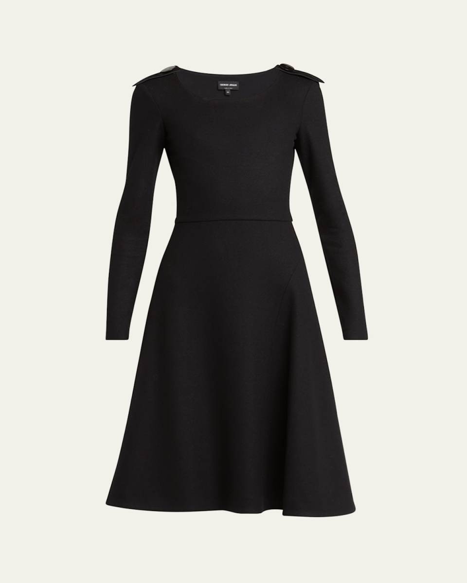 Shoulder-Epaulet Long-Sleeve Jersey Wool Midi Dress